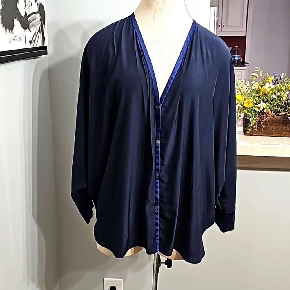 Ramy Brook, butterfly sleeves navy blue with royal blue trim top. Large